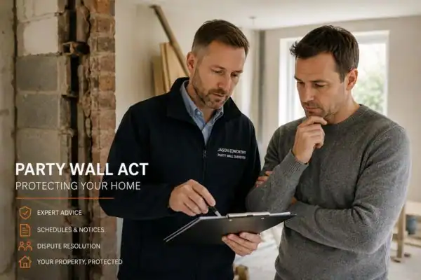 Party wall surveyor Bristol discussing extension plans with homeowner outside a UK semi-detached house.